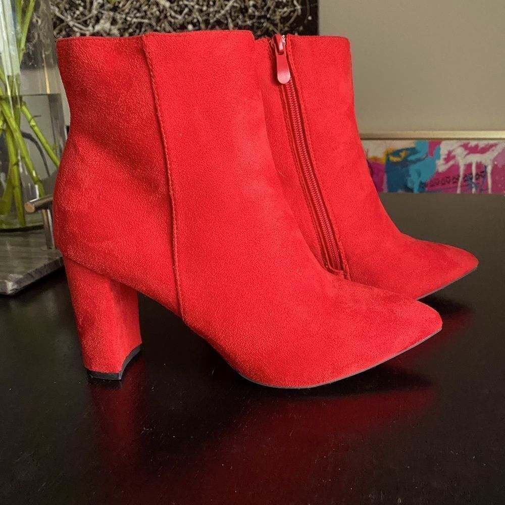 Dreamspair Pointed Toe Zipper Chunky Heel Ankle Boots red 7